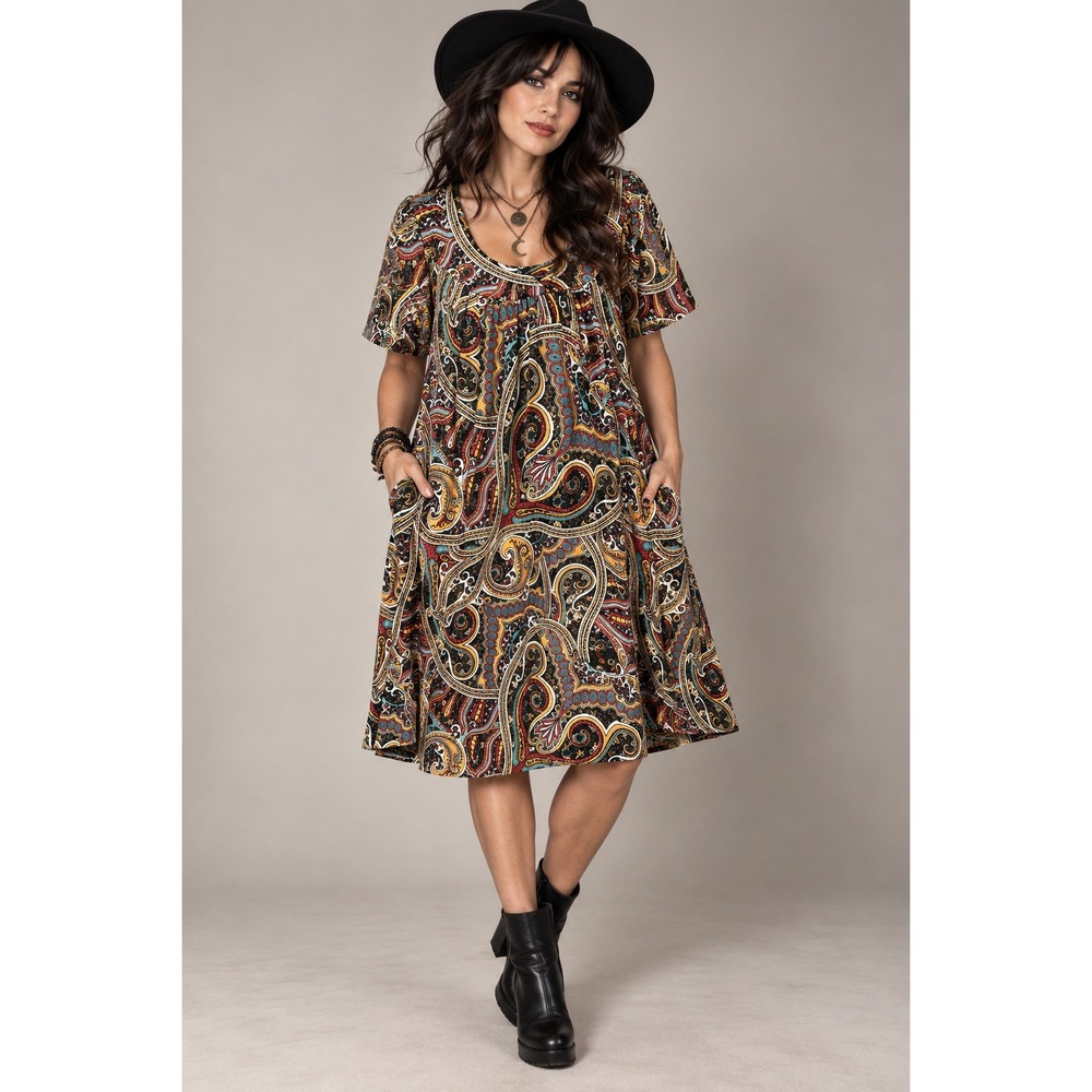 Whimsigoth Dark Paisley Muu Muu Dress Medium Moody Boho Oversized Pockets